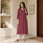 Anvita Terracotta Striped Cotton Kurta – Embroidered V-Neck & Contrast Cuff Detail – Professional Ethnic Wear