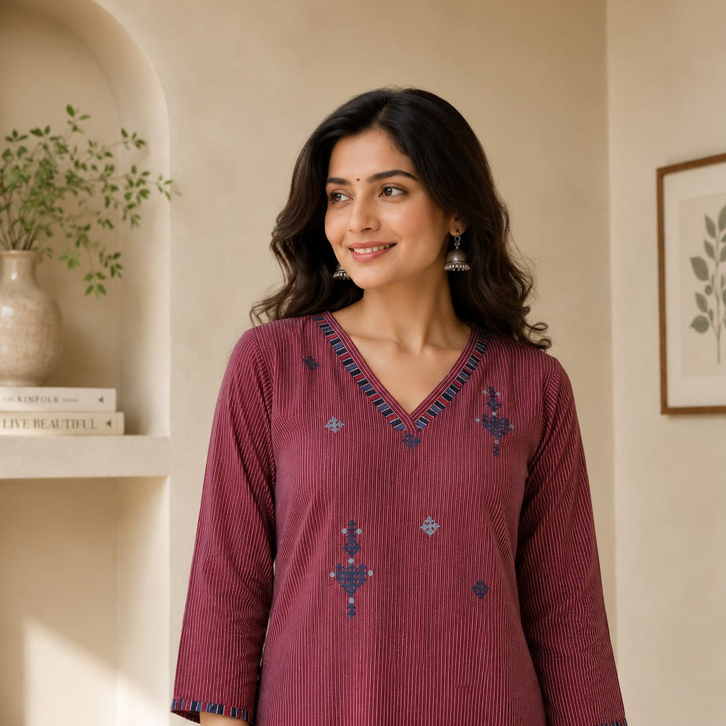 Anvita Terracotta Striped Cotton Kurta – Embroidered V-Neck & Contrast Cuff Detail – Professional Ethnic Wear