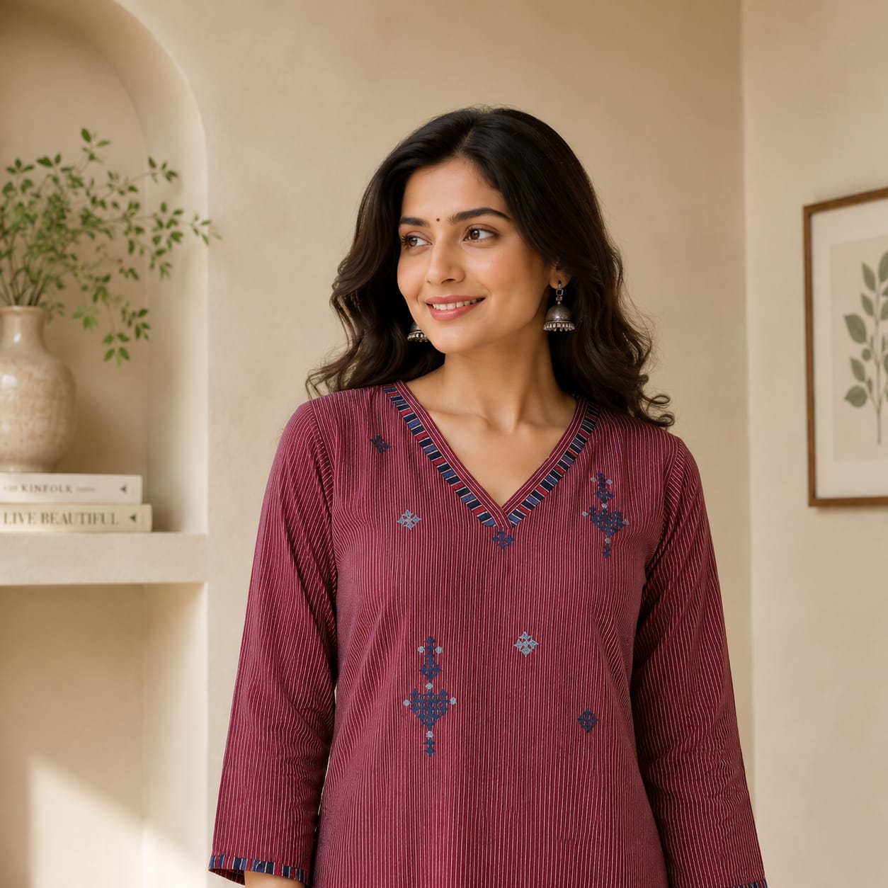 Anvita Terracotta Striped Cotton Kurta – Embroidered V-Neck & Contrast Cuff Detail – Professional Ethnic Wear
