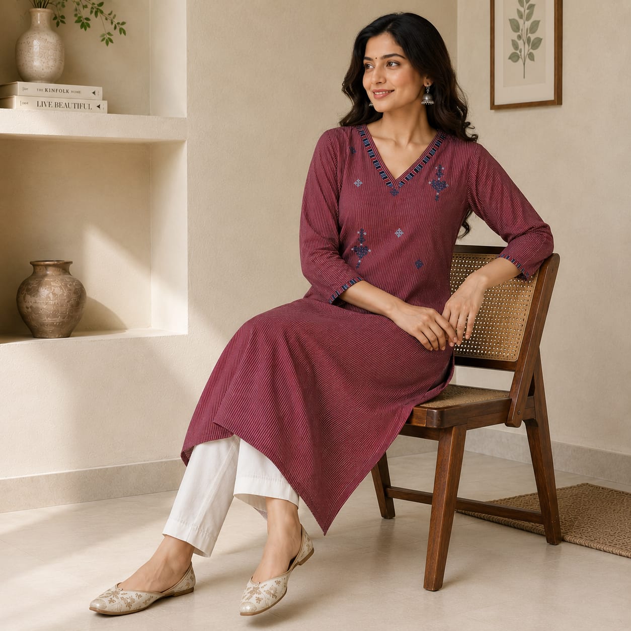 Anvita Terracotta Striped Cotton Kurta 