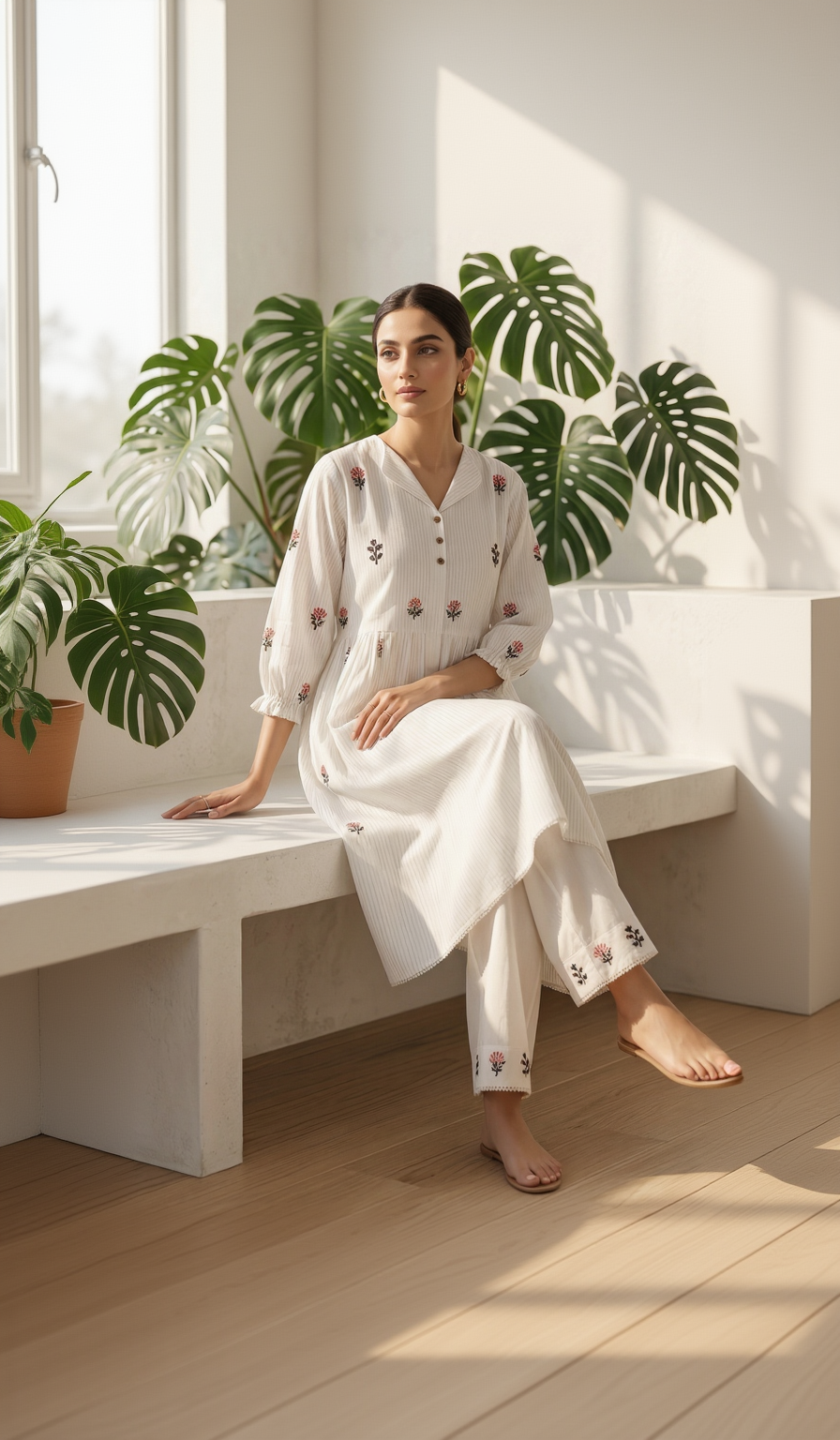 White Pure Cotton Tiered Co-ord Set – Floral Embroidery & Lace Detail Ethnic Wear Kurta Set