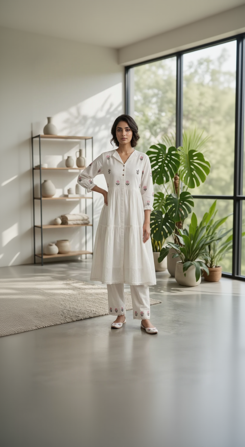 White Pure Cotton Tiered Co-ord Set – Floral Embroidery & Lace Detail Ethnic Wear Kurta Set