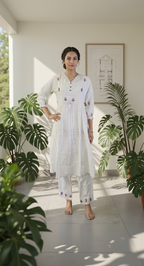 White Pure Cotton Tiered Co-ord Set – Floral Embroidery & Lace Detail Ethnic Wear Kurta Set