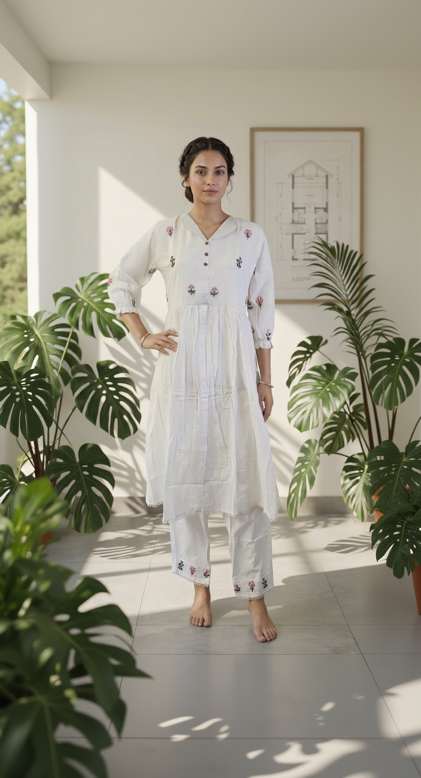 White Pure Cotton Tiered Co-ord Set – Floral Embroidery & Lace Detail Ethnic Wear Kurta Set