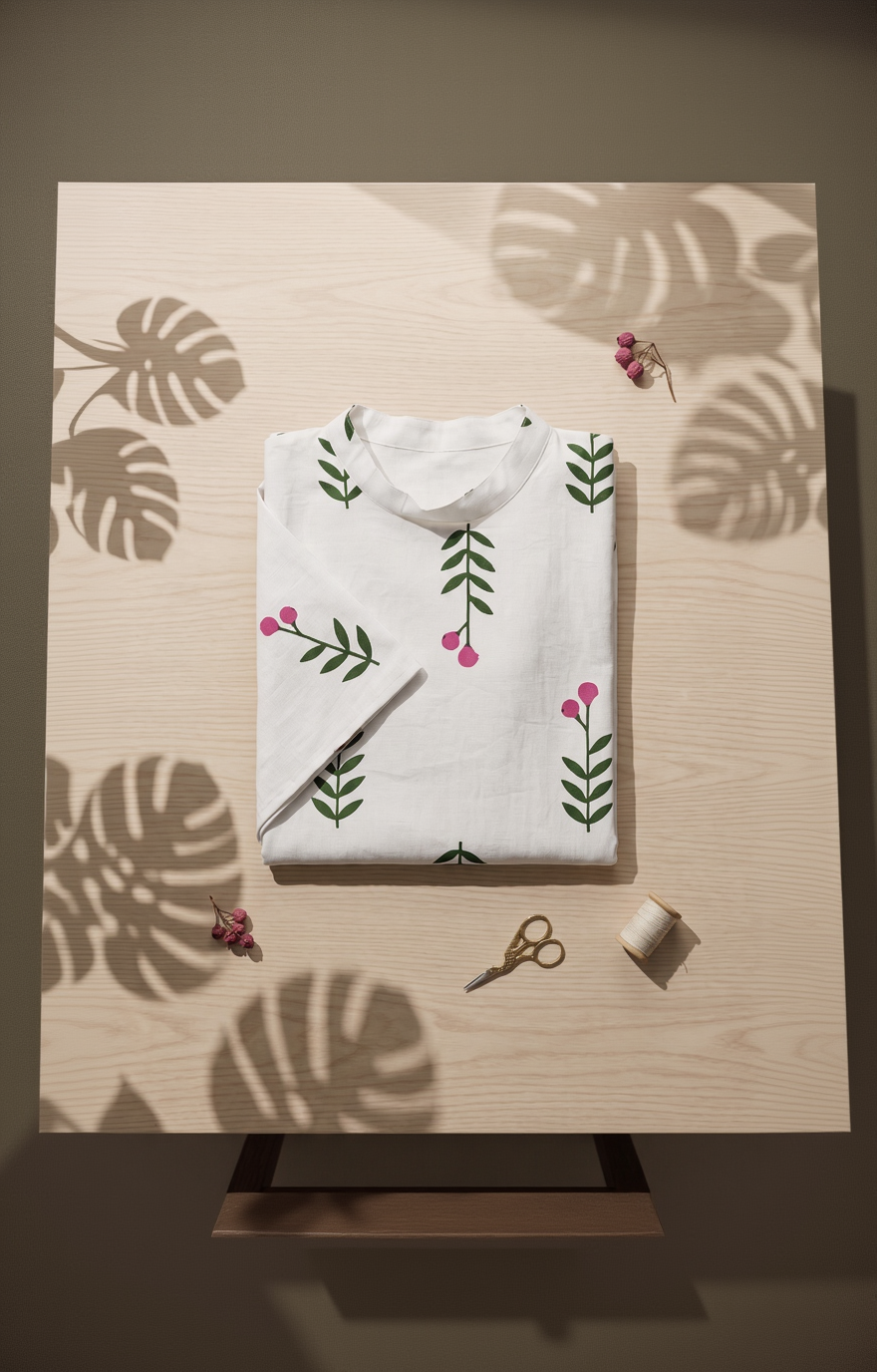 White Cotton Kurta Pant Set – Pink Floral Bud Print – Mock Neck Sleeveless Co-ord