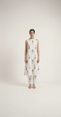 White Cotton Kurta Pant Set – Pink Floral Bud Print – Mock Neck Sleeveless Co-ord