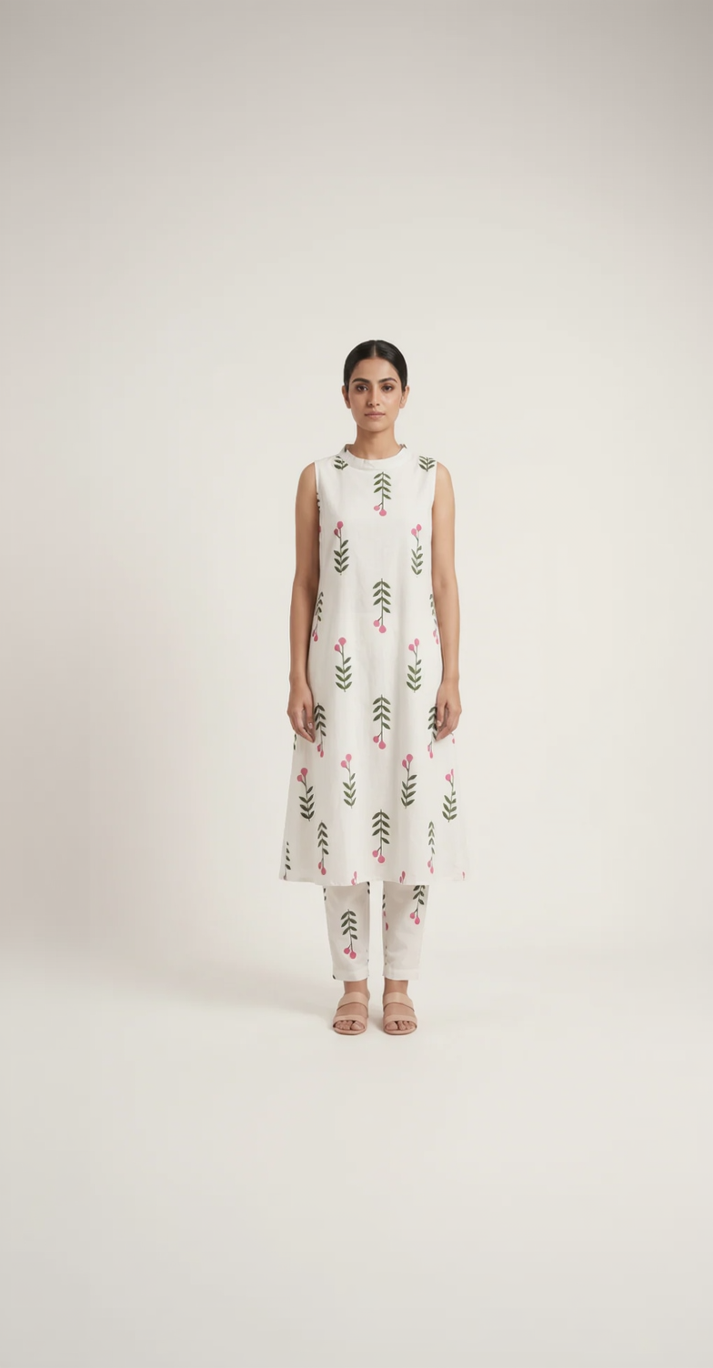 White Cotton Kurta Pant Set – Pink Floral Bud Print – Mock Neck Sleeveless Co-ord