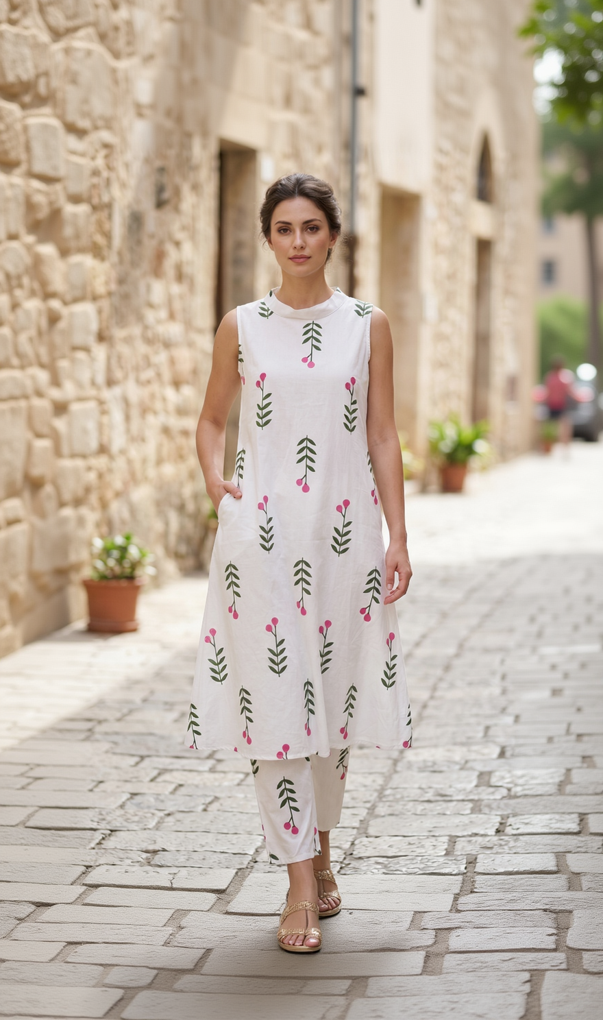 White Cotton Kurta Pant Set – Pink Floral Bud Print – Mock Neck Sleeveless Co-ord