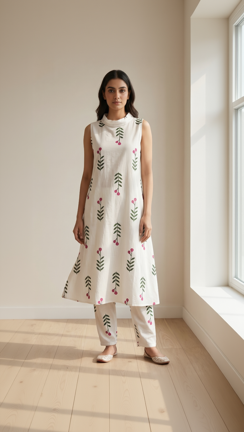 White Cotton Kurta Pant Set – Pink Floral Bud Print – Mock Neck Sleeveless Co-ord