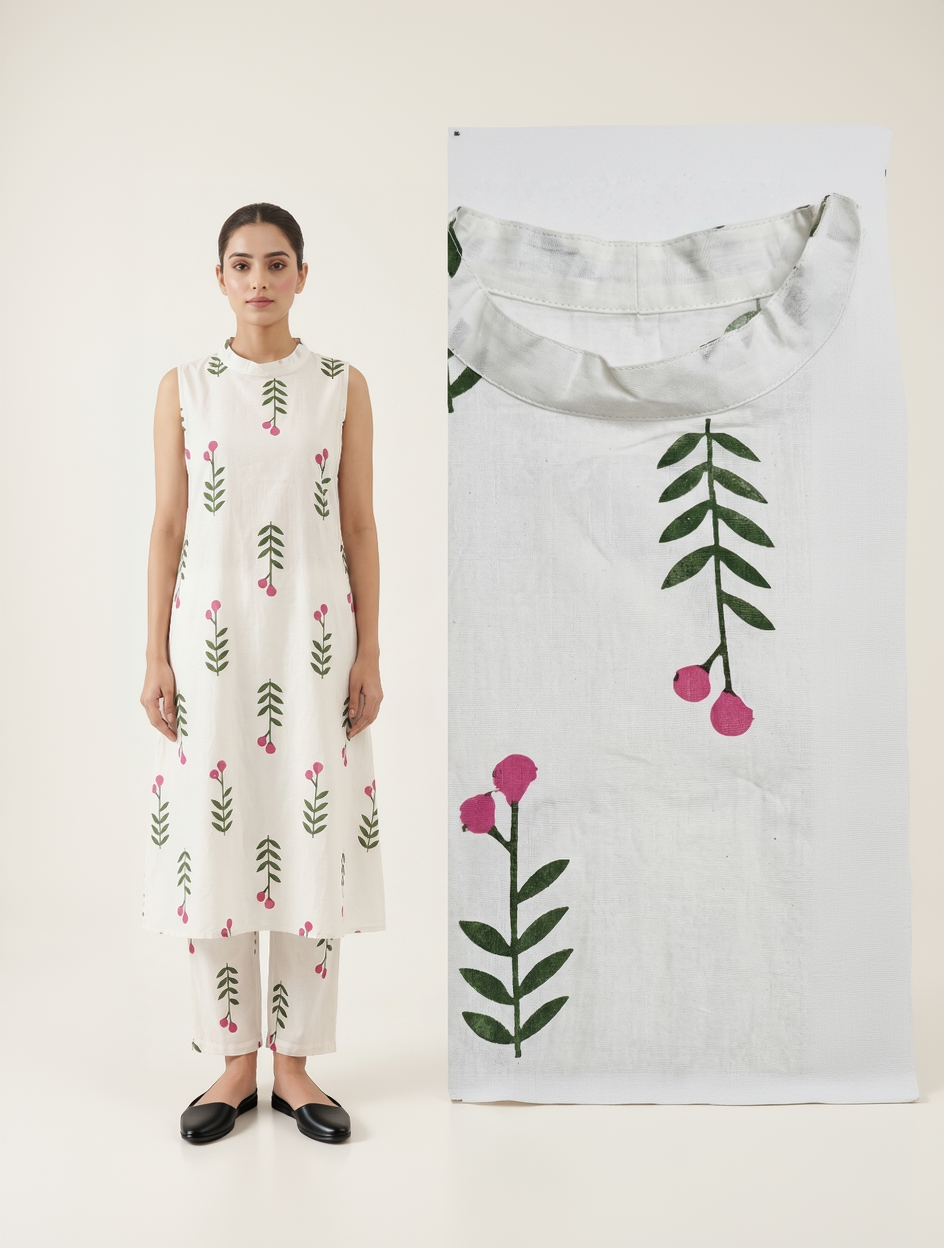 White Cotton Kurta Pant Set – Pink Floral Bud Print – Mock Neck Sleeveless Co-ord