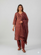 Wine Maroon Ajrakh Print Kurta Set – Mirror Work Angrakha Yoke – Elegant 3-Piece Festive Wear