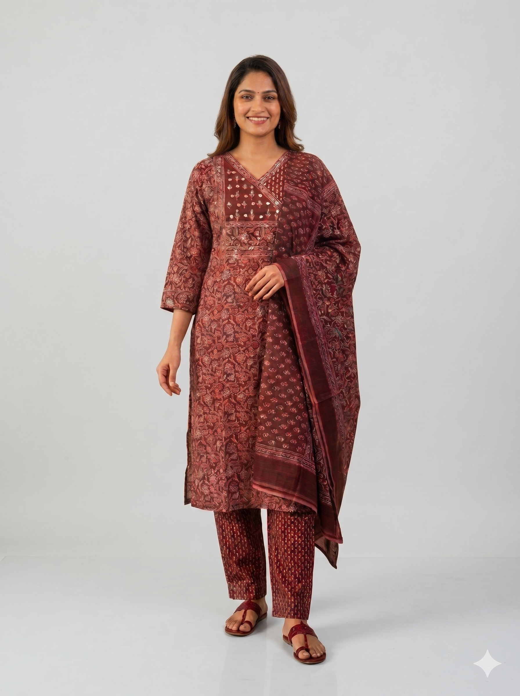Wine Maroon Ajrakh Print Kurta Set – Mirror Work Angrakha Yoke – Elegant 3-Piece Festive Wear