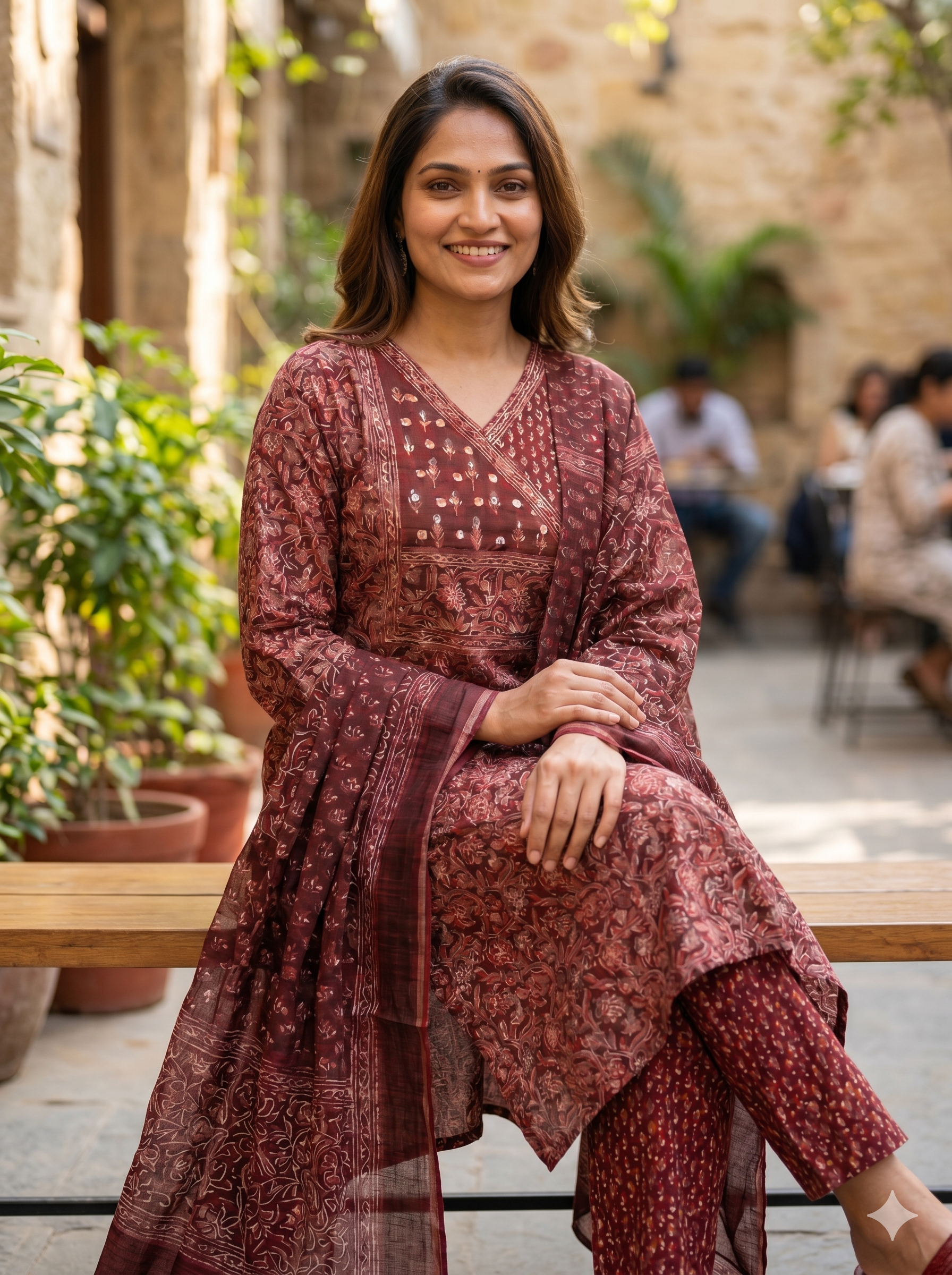 Wine Maroon Ajrakh Print Kurta Set – Mirror Work Angrakha Yoke – Elegant 3-Piece Festive Wear