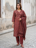 Wine Maroon Ajrakh Print Kurta Set – Mirror Work Angrakha Yoke – Elegant 3-Piece Festive Wear