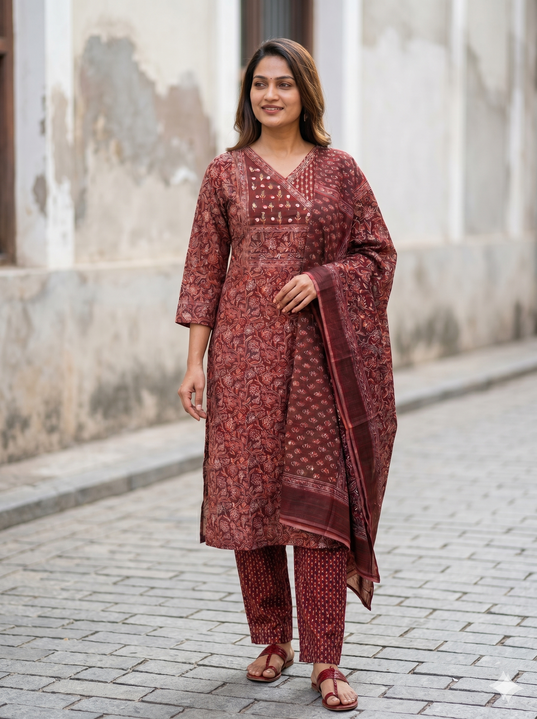 Wine Maroon Ajrakh Print Kurta Set – Mirror Work Angrakha Yoke – Elegant 3-Piece Festive Wear