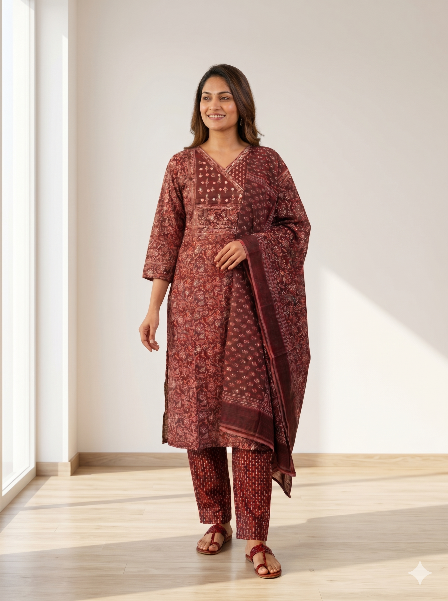 Wine Maroon Ajrakh Print Kurta Set – Mirror Work Angrakha Yoke – Elegant 3-Piece Festive Wear
