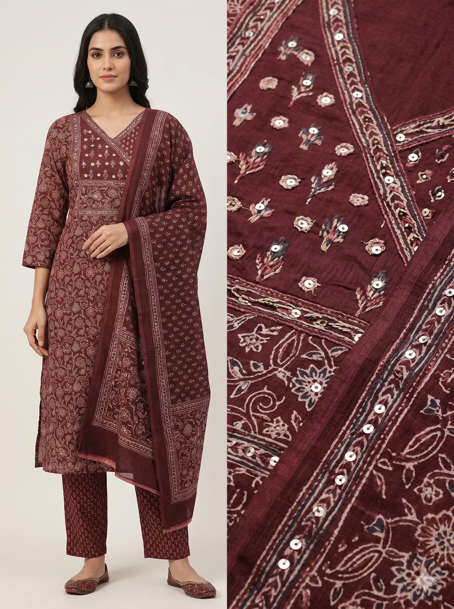 Wine Maroon Ajrakh Print Kurta Set – Mirror Work Angrakha Yoke – Elegant 3-Piece Festive Wear