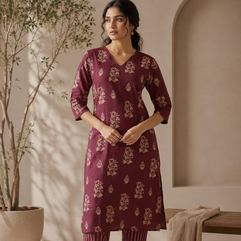 Wine Red Silk Blend Floral Kurta Set with V-Neck and Straight Pants