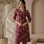 Wine Red Silk Blend Floral Kurta Set with V-Neck and Straight Pants