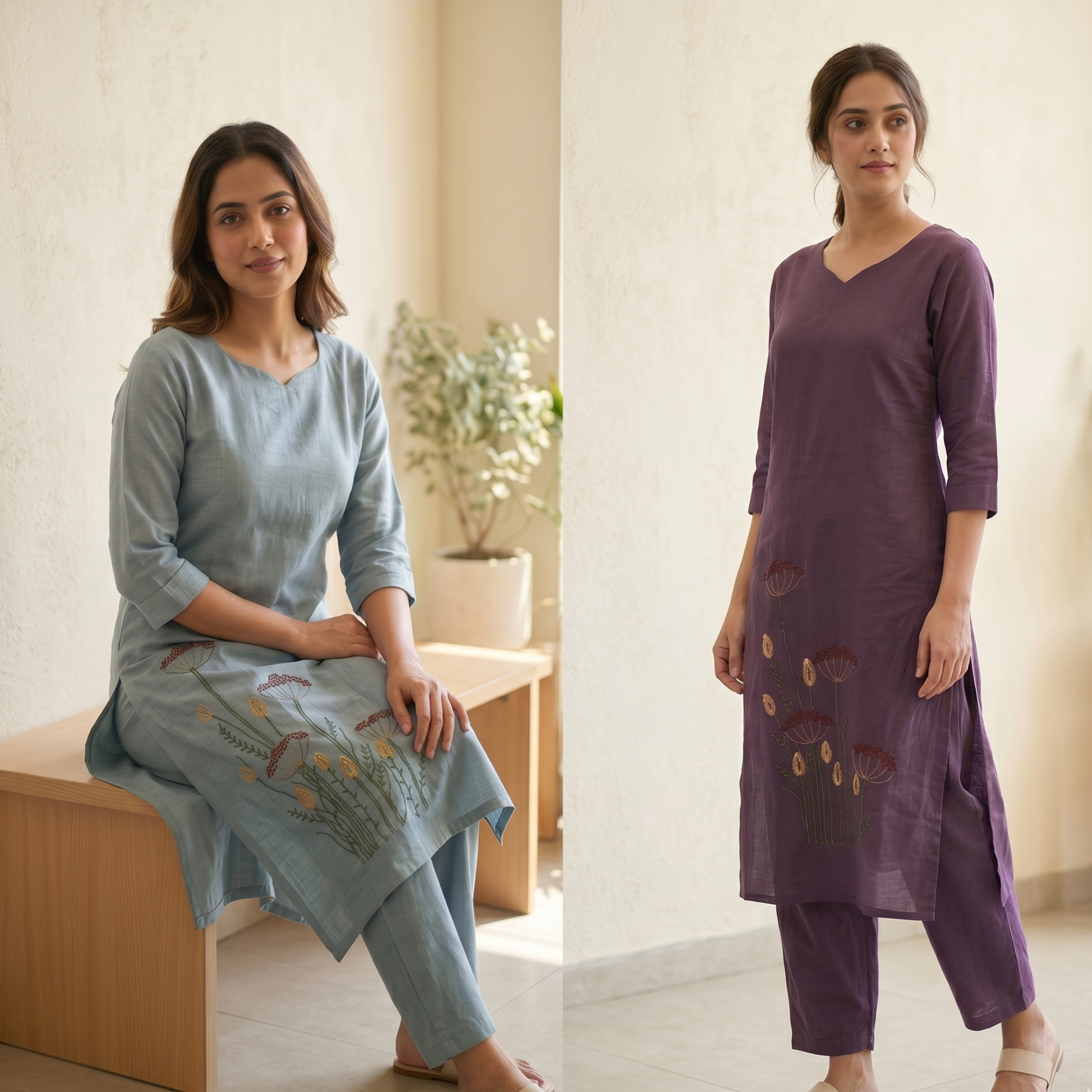 Women's A-Line Kurta Set with Inner Lining – Crushed Nylon Beadwork in Grape Purple & Light Blue