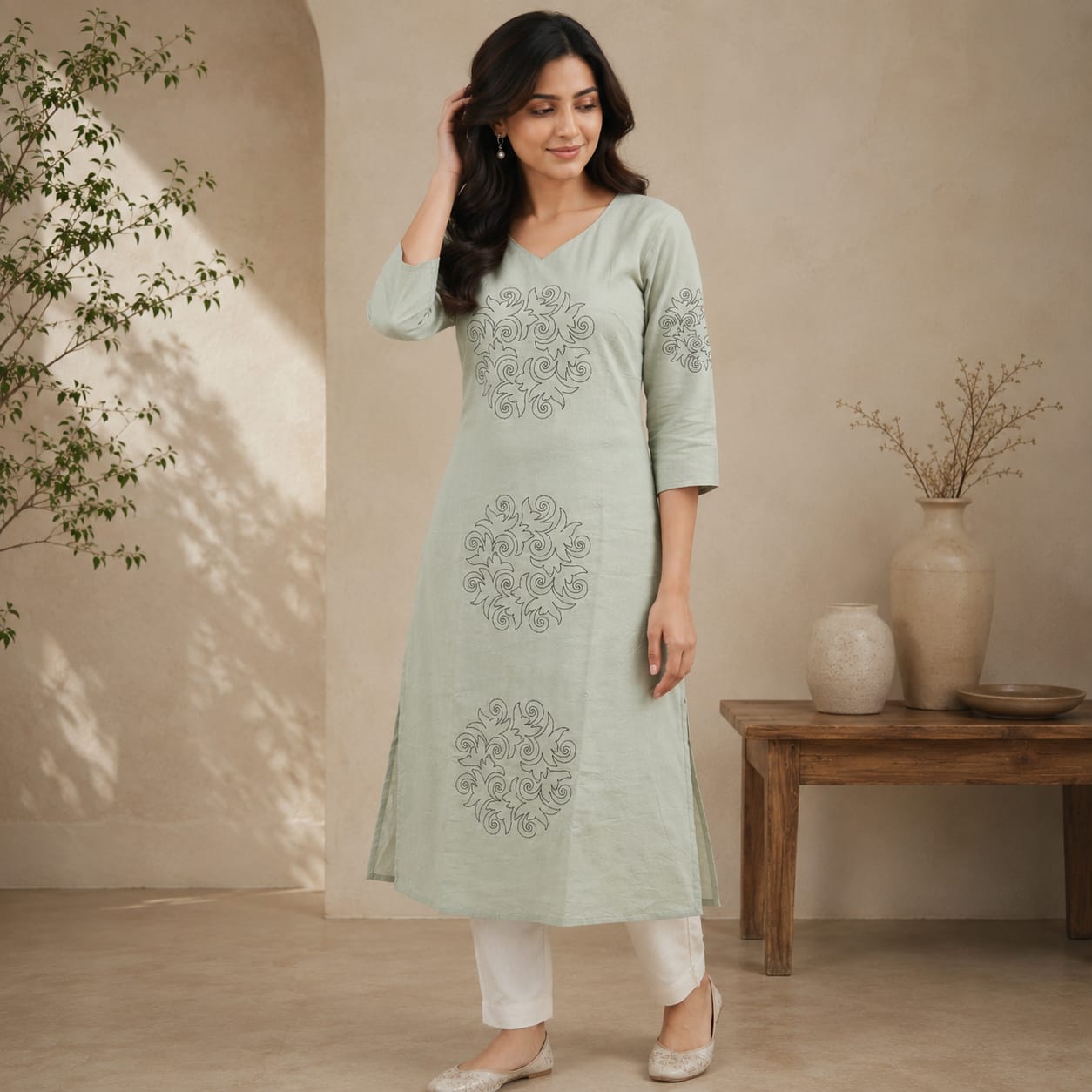 Women’s A-Line Kurti in Crushed Nylon with Scroll Embroidery and Lining