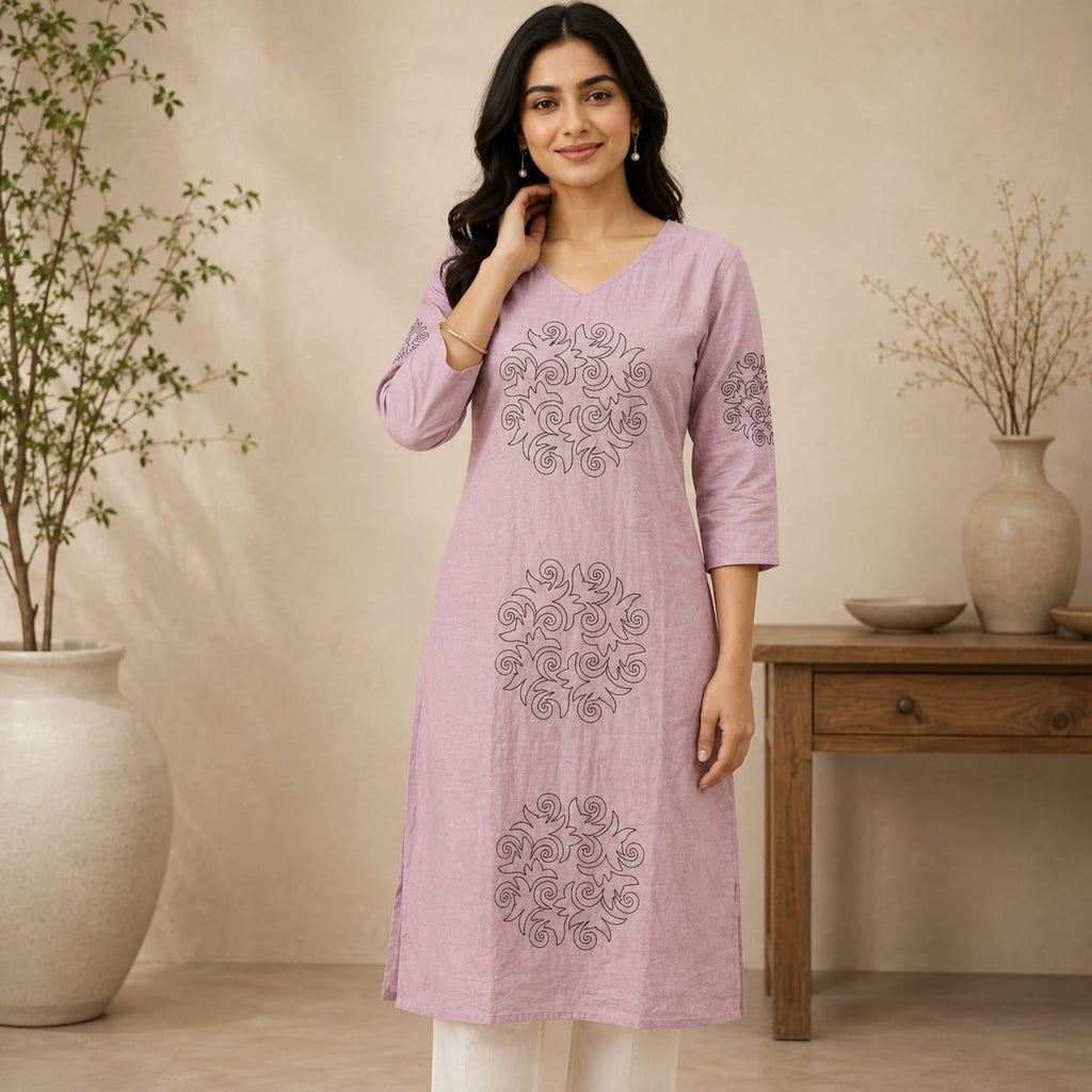 Women’s A-Line Kurti in Crushed Nylon with Scroll Embroidery and Lining