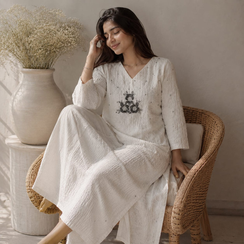 Women’s Premium Crushed Nylon Straight Kurti with Handwork & Inside Lining