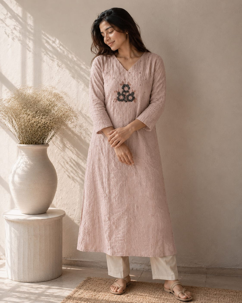 Women’s Premium Crushed Nylon Straight Kurti with Handwork & Inside Lining