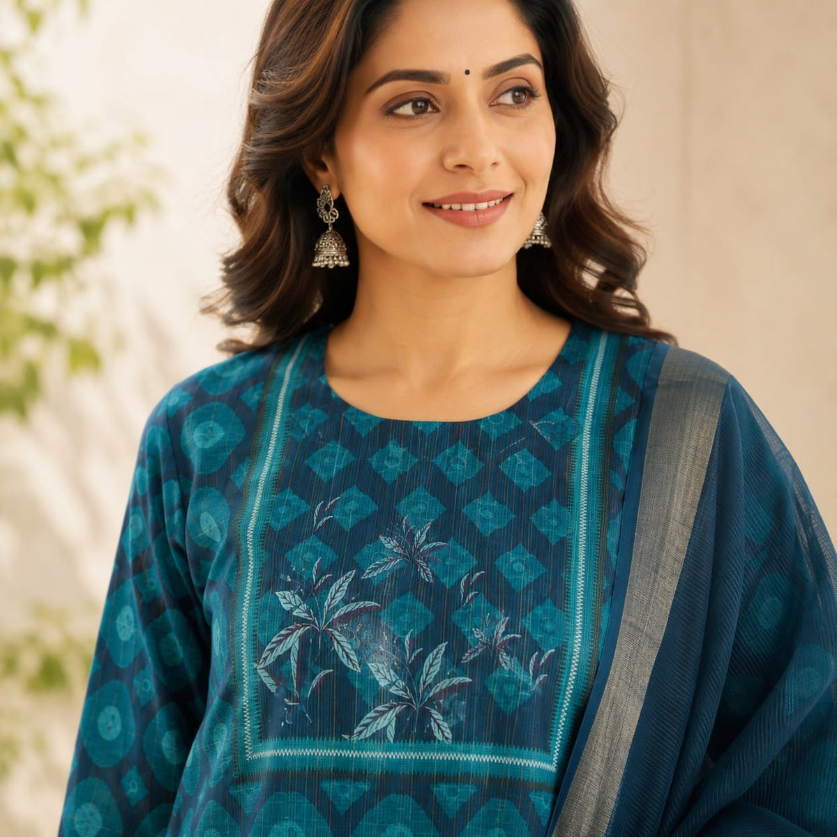 Revanta Teal Blue Tussil Cotta Kurta Pant Set with Printed Dupatta