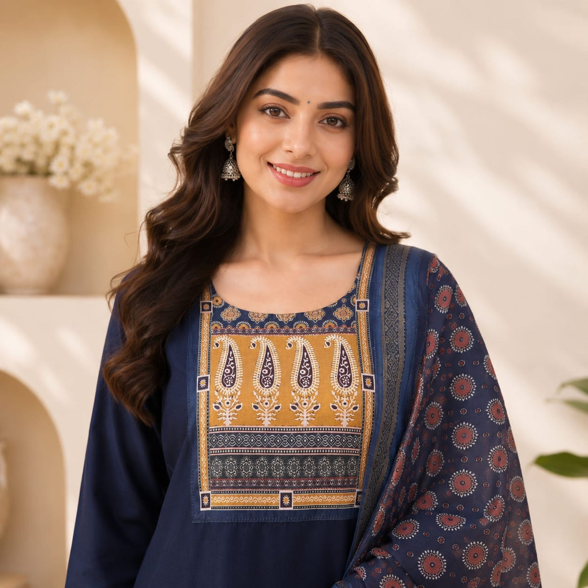 Revanta Navy Blue Roman Silk Kurta Pant Set with Printed Yoke & Coordinated Dupatta