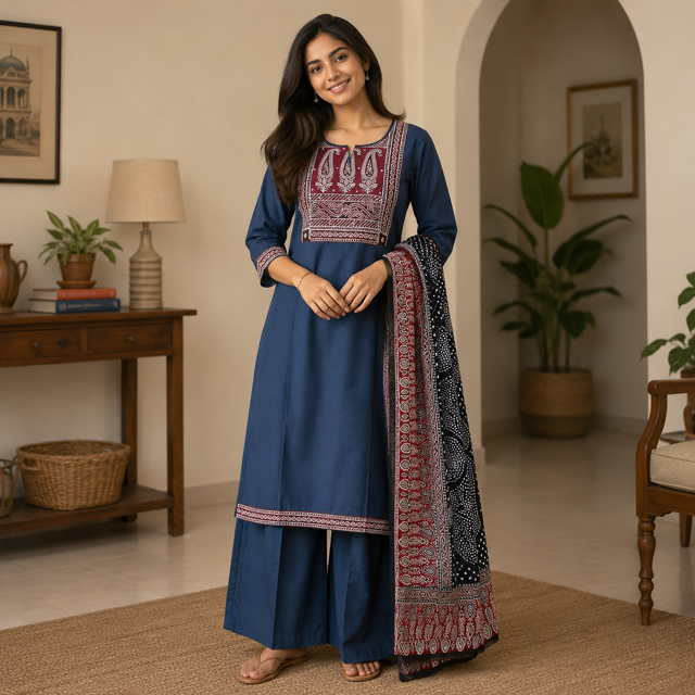 Blue Cotton Kurta Set with Dupatta – Intricate Paisley Yoke & Contrast Print Detail – Elegant Festive Ethnic Wear