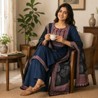 Blue Cotton Kurta Set with Dupatta – Intricate Paisley Yoke & Contrast Print Detail – Elegant Festive Ethnic Wear
