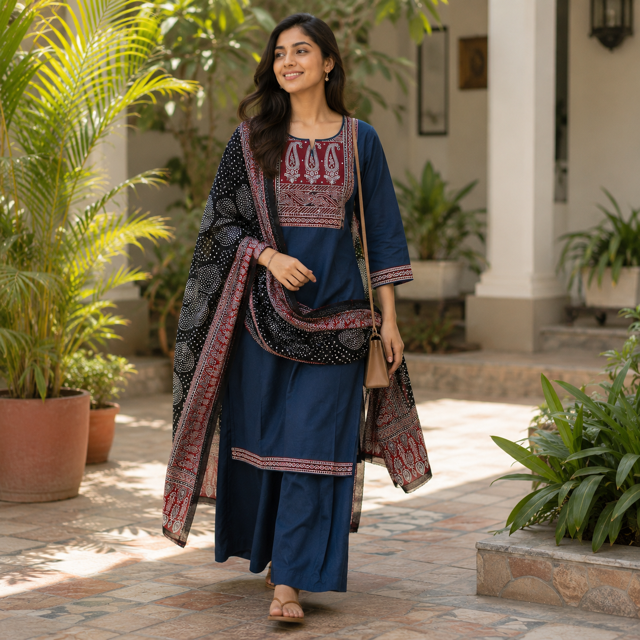 Blue Cotton Kurta Set with Dupatta – Intricate Paisley Yoke & Contrast Print Detail – Elegant Festive Ethnic Wear