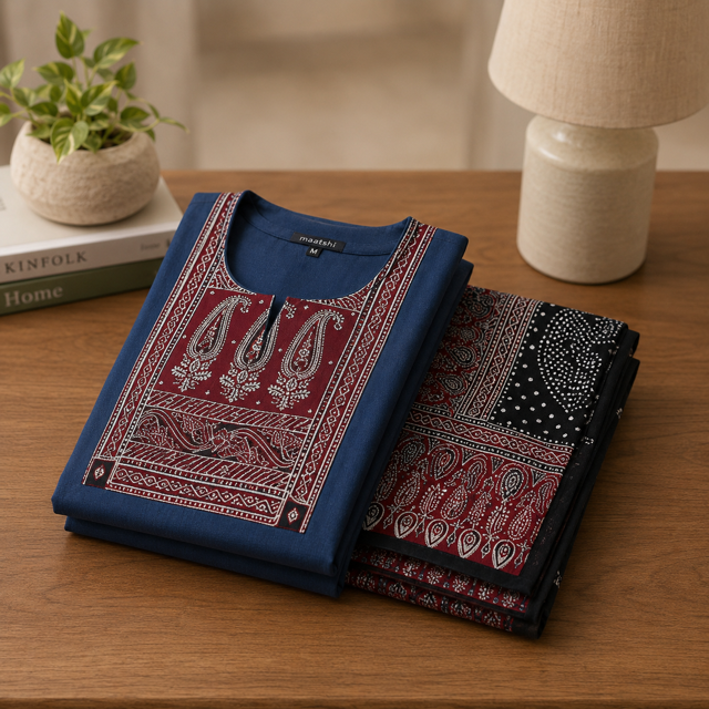 Blue Cotton Kurta Set with Dupatta – Intricate Paisley Yoke & Contrast Print Detail – Elegant Festive Ethnic Wear