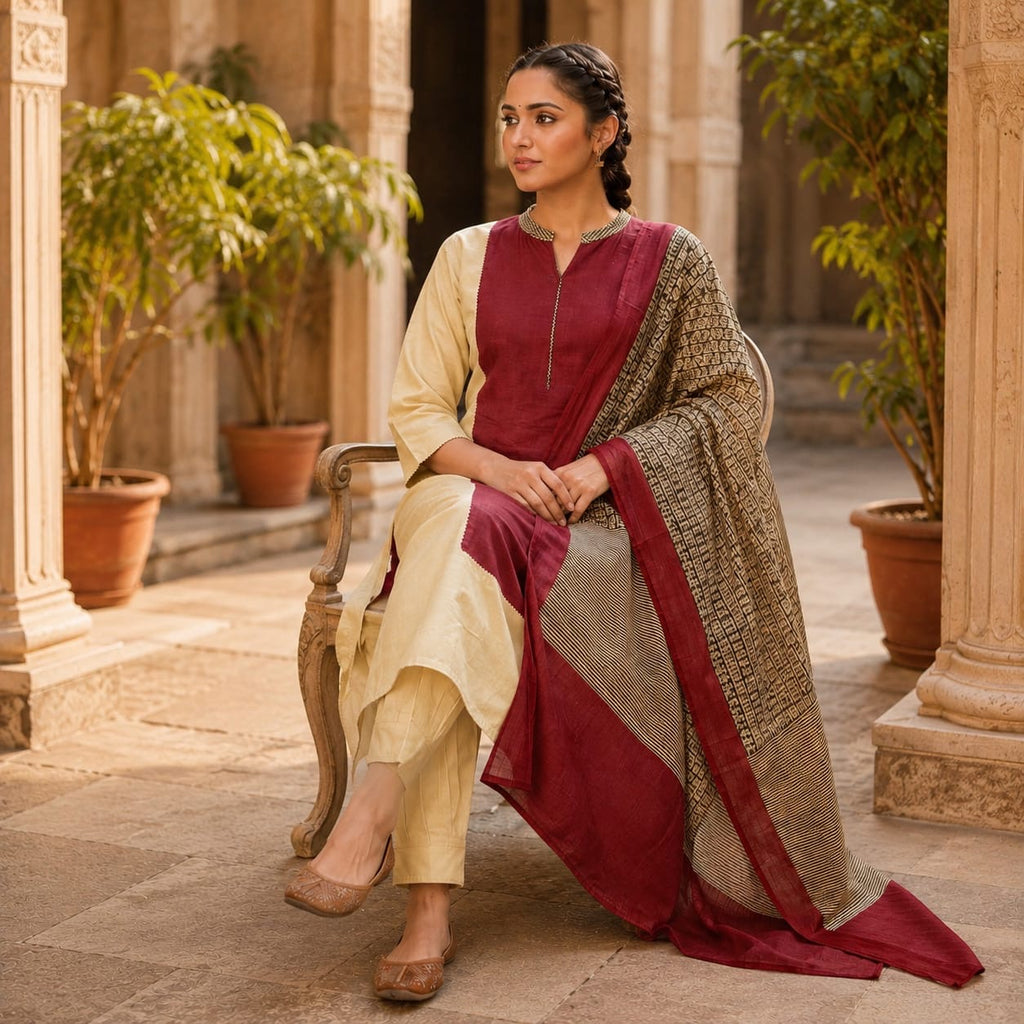 Revanta Beige & Maroon Colour-Block Cotton Kurta Set with Printed Dupatta
