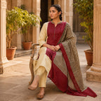 Revanta Beige & Maroon Colour-Block Cotton Kurta Set with Printed Dupatta