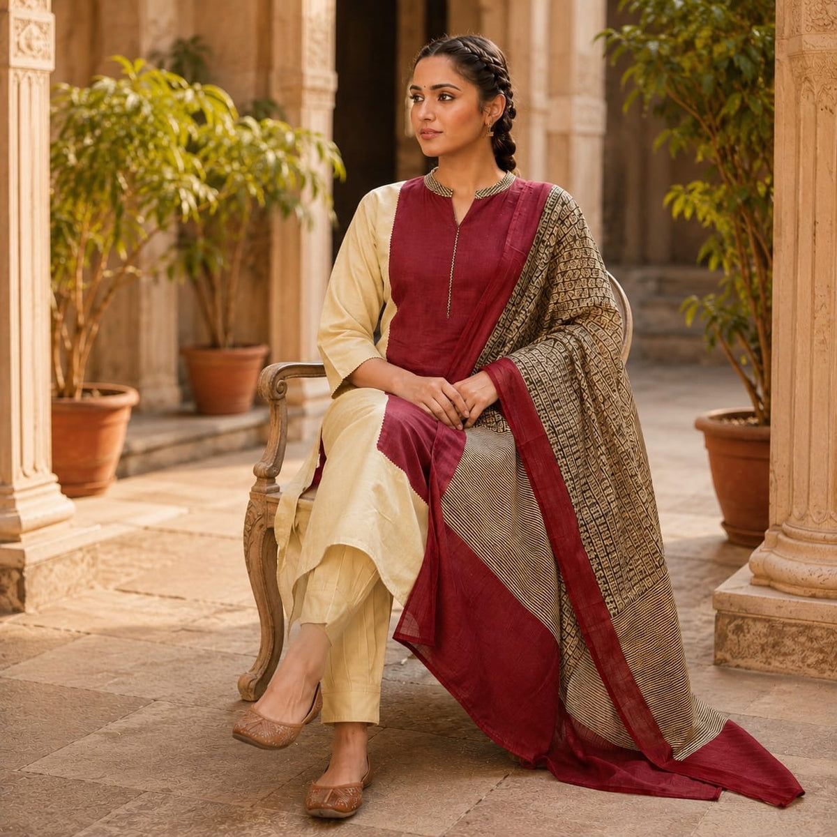 Revanta Beige & Maroon Colour-Block Cotton Kurta Set with Printed Dupatta