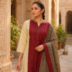 Revanta Beige & Maroon Colour-Block Cotton Kurta Set with Printed Dupatta