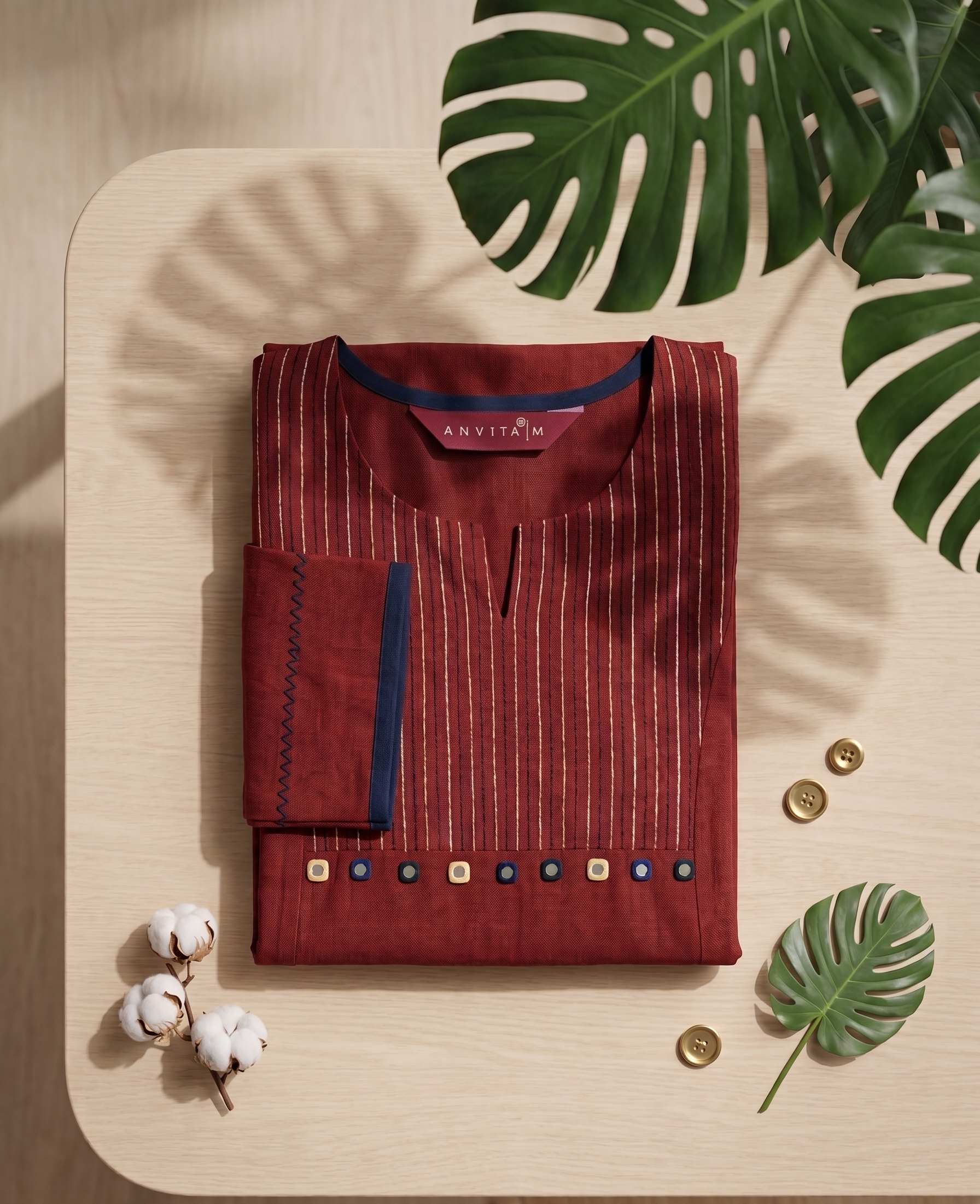 Anvita Rust Maroon Cotton Slub Kurta – Striped Yoke & Bead Accents – Sophisticated Daily Wear