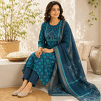 Revanta Teal Blue Tussil Cotta Kurta Pant Set with Printed Dupatta