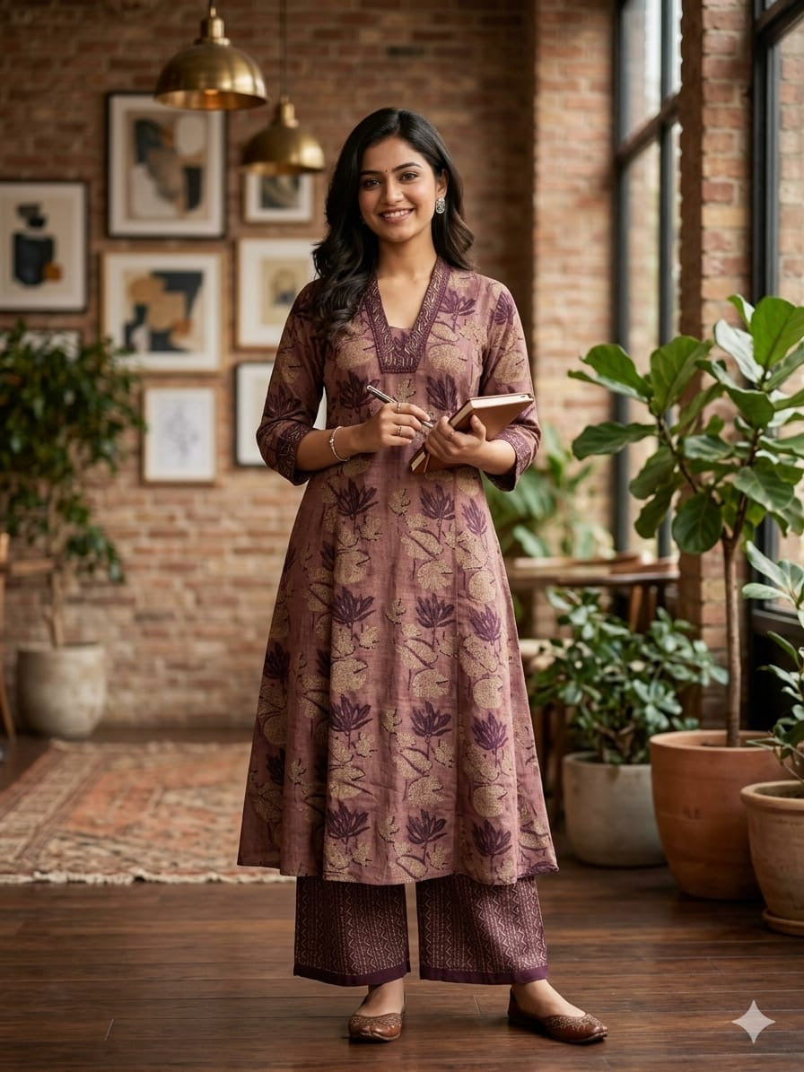 Anvita Cotton Soft Mauve-Brown Floral Print A-Line Kurta Set