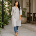 Revanta Light Grey Straight Cotton Kurta with red embroidery on Yoke & Stylish Front Slit