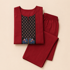 Revanta Maroon Cotton A Line Kurta – Printed Yoke with Traditional Motif Embroidery front & back  3/4 Sleeveless attached inside