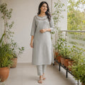 Revanta Silver Grey Berlin Silk Kurta – Side Slit Embroidery, Bead Work & Net Neck Detail – Elegant Ethnic Wear