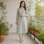 Revanta Silver Grey Berlin Silk Kurta – Side Slit Embroidery, Bead Work & Net Neck Detail – Elegant Ethnic Wear