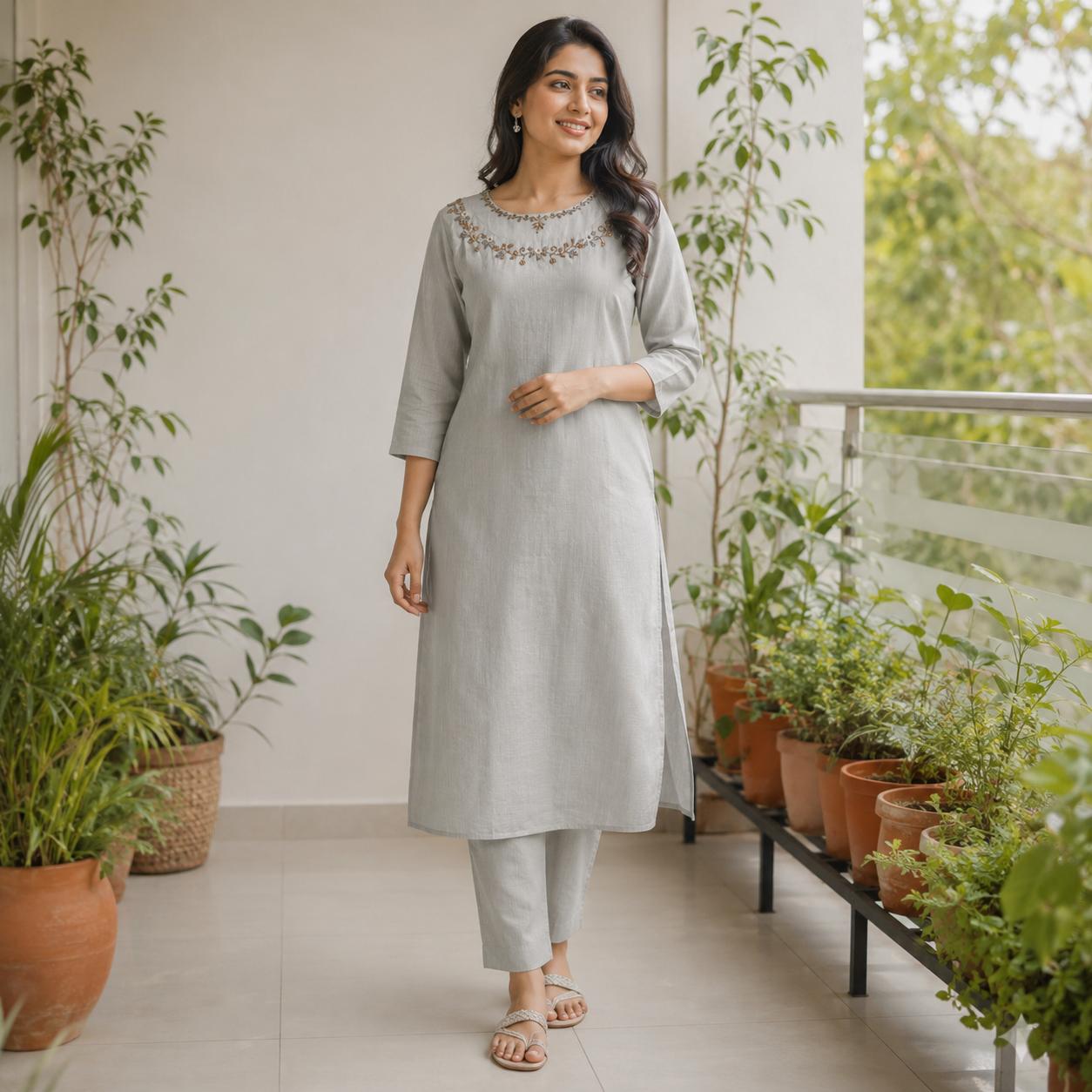 Revanta Silver Grey Berlin Silk Kurta – Side Slit Embroidery, Bead Work & Net Neck Detail – Elegant Ethnic Wear