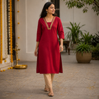 Revanta Dark Red Handloom Cotton Kurta – Jacquard Patti Neck Detail & Inner Lining – Elegant Ethnic Wear