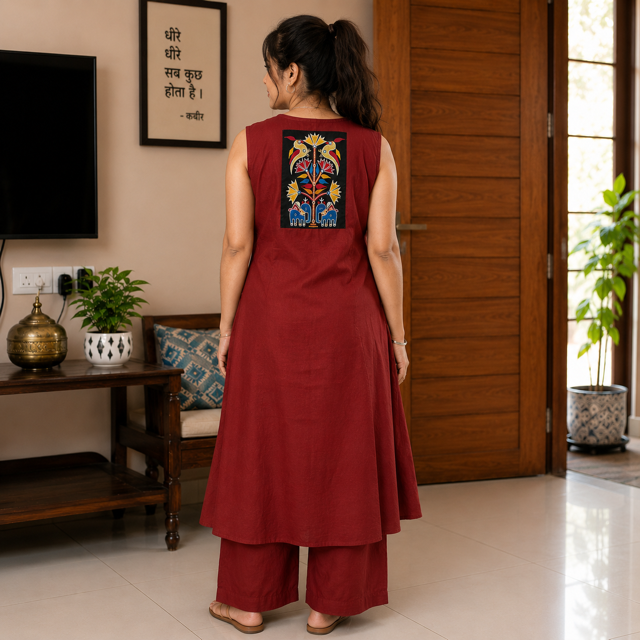Revanta Maroon Cotton A Line Kurta – Printed Yoke with Traditional Motif Embroidery front & back  3/4 Sleeveless attached inside
