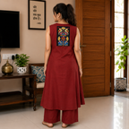 Revanta Maroon Cotton A Line Kurta – Printed Yoke with Traditional Motif Embroidery front & back  3/4 Sleeveless attached inside
