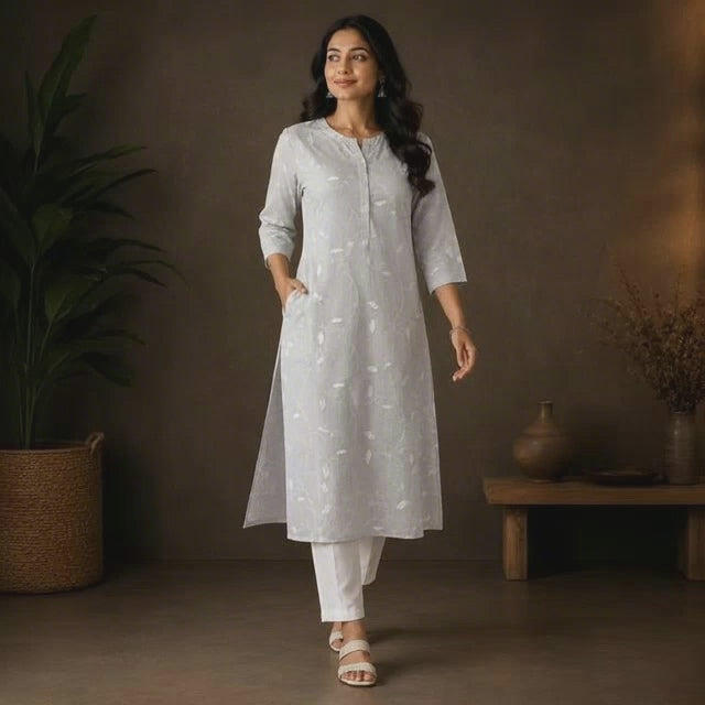 Revanta Off-White Cotton Slub Kurta – Subtle Thread-Work Vine Pattern – Contemporary Chic